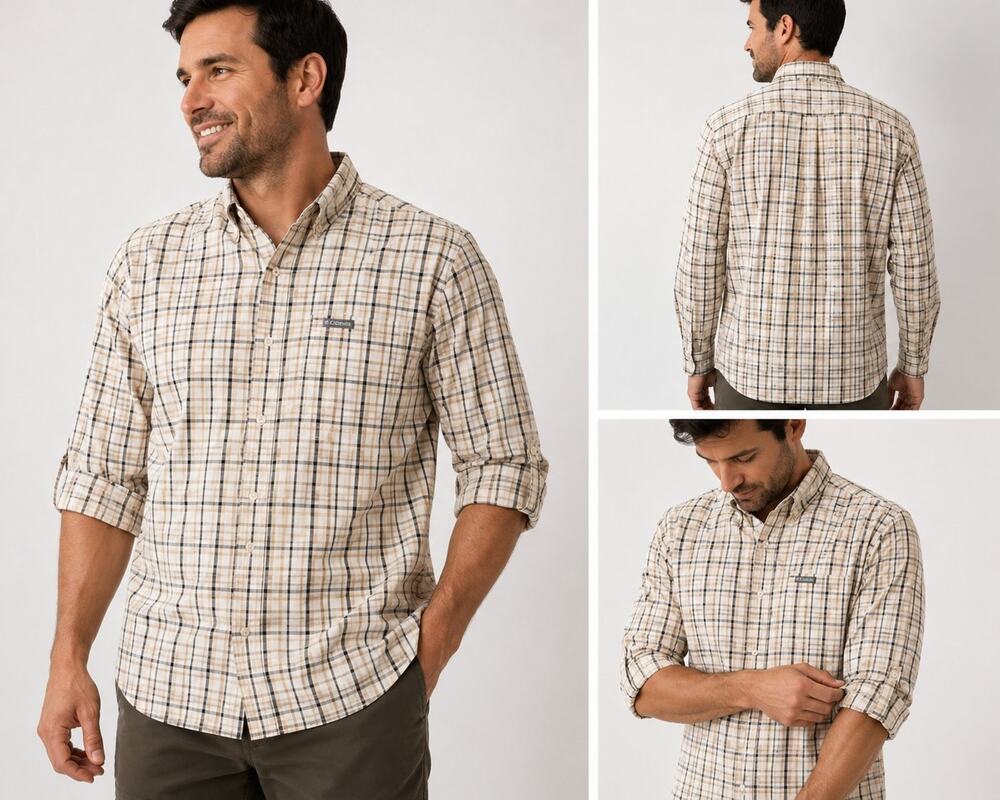 Columbia Men's Large Plaid Button Down Shirt Cotton Linen Long Sleeve Casual